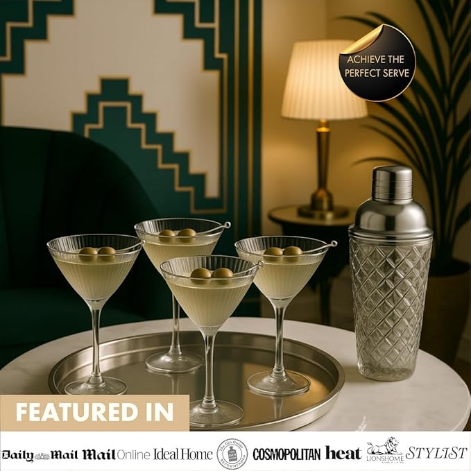 VEMACITY - Ribbed Martini Glasses Set of 4 | Silver Bar Tools - 8oz Coupe Cocktail Glasses | Espresso Martini, Margarita, Manhattan, Cosmopolitan - Art Deco Cocktail Gift Set | Ideal for Christmas