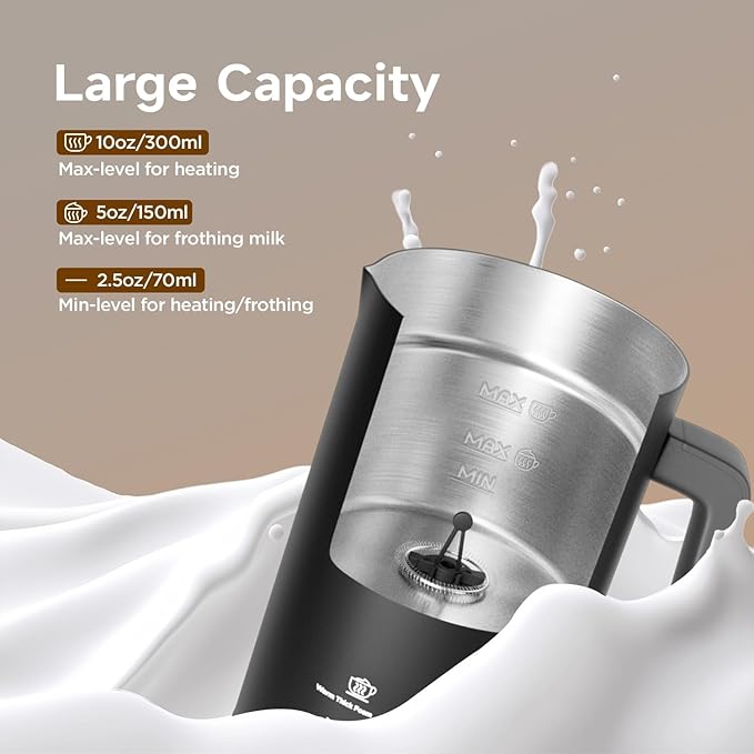 Milk Frother, 4-in-1 10oz/300ml Electric Milk Steamer, Hot & Cold Foam, Auto Shut-Off Frother for Coffee Latte and Cappuccino, Black