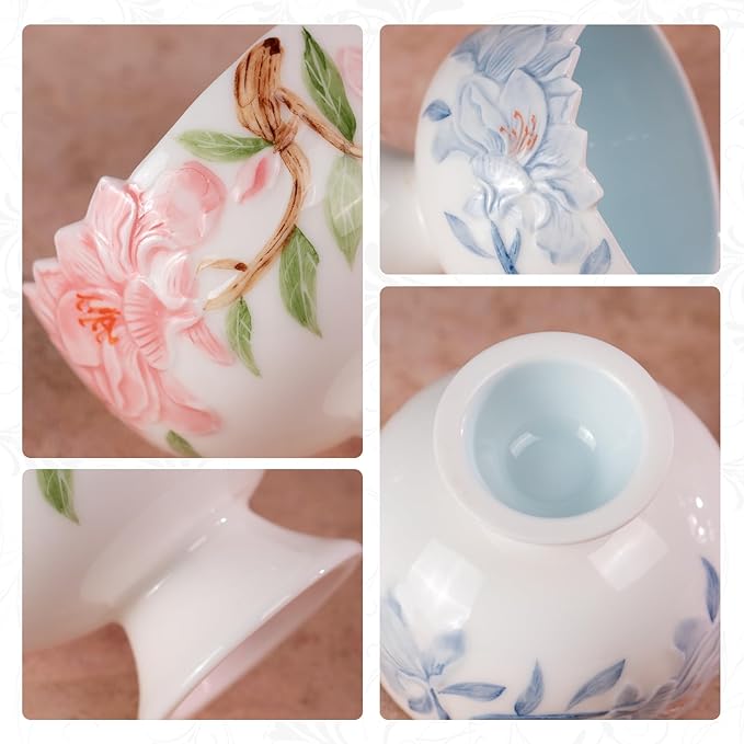 KAMMAK Tea Cup, 3.2oz Small Tea Cups Set of 2, Red and Blue Floral Porcelain Tea Cup Set, Ceramic Teacups for Home, Party, Office, Chinese Kungfu Tea Set for Hot/Cold Drink, Qingji Jade Clay