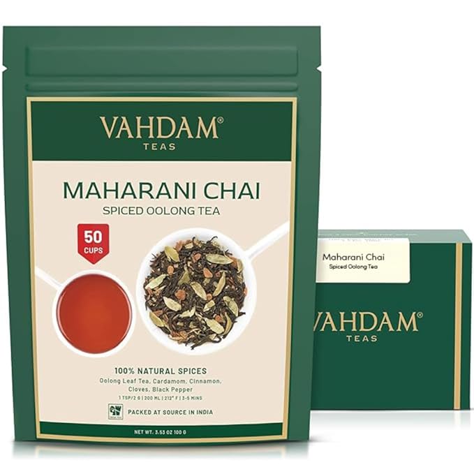 VAHDAM Maharani Chai Oolong Tea (50 Cups) | 100% NATURAL SPICES | Masala Chai Tea Loose Leaf | Cardamom, Cinnamon, Clove, Black Pepper | Spiced Chai Tea | Brew Hot or Iced | 100gm
