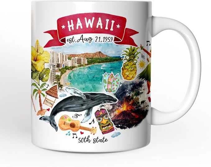 OrnamentallyYou State Travel Landmark Mugs – 12 oz Ceramic Coffee Cups, U.S. Souvenir Gift for Tourists (Artistic Hawaii State Themes and Landmarks Mug)