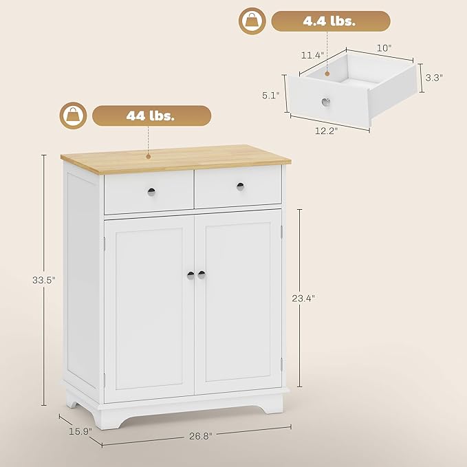 HOMCOM Sideboard Buffet Cabinet with Solid Wood Countertop, Modern Kitchen Storage Cabinet, Coffee Bar Cabinet with 2 Drawers, Doors and Adjustable Shelf, White