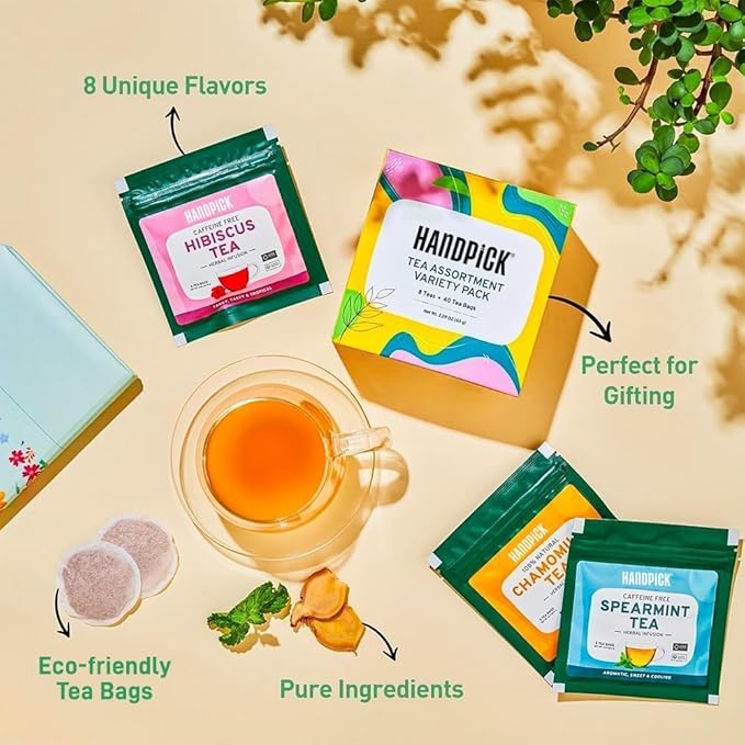 HANDPICK, Tea Bags Sampler Assortment Variety pack Gift Box 8 Flavors, 40 Tea Bags - Perfect Variety | Christmas Tea Gift Set | Holiday Gifts for Everyone