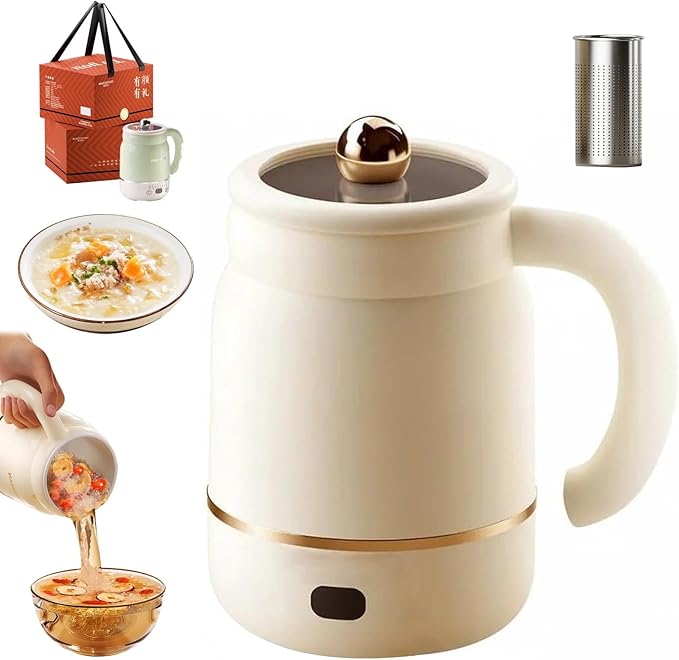 Multifunctional Portable Electric Cooking Mug, 900ml Big Electric Stew, Fast Boil Teapot, Fast Boil Teapot & 24H Keep-Warm, Prepare Herbal Tea, Porridge (White-Tea strainer)