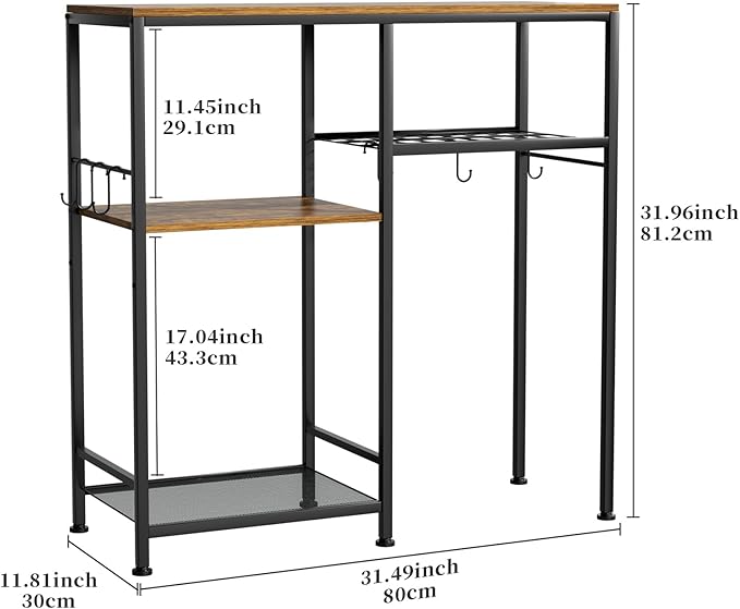 Consumest Microwave Stand, Adjustable Coffee Bar Cabinet, Multifunctional Pan Organizer with 6 Hooks and 3 Shelves, Bakers Rack for Shovel, Pots, Fruits, Vegetables, Brown&Black