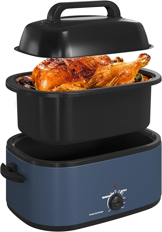 RoyalCraft 26-Quart Electric Roaster Oven with Visible Self-Basting Lid, Turkey Roaster Oven with Removable Pan and Rack, Perfect for Large Meals and Holiday Feasts, Blue