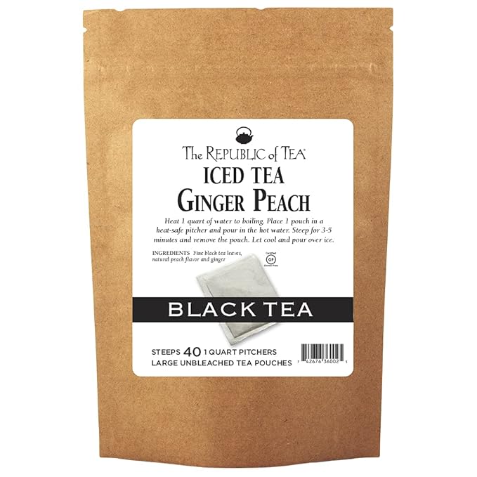 The Republic of Tea – Ginger Peach Black Iced Tea Bags, 40 Large Quart-Sized Iced Tea Pouches, Naturally Caffeinated