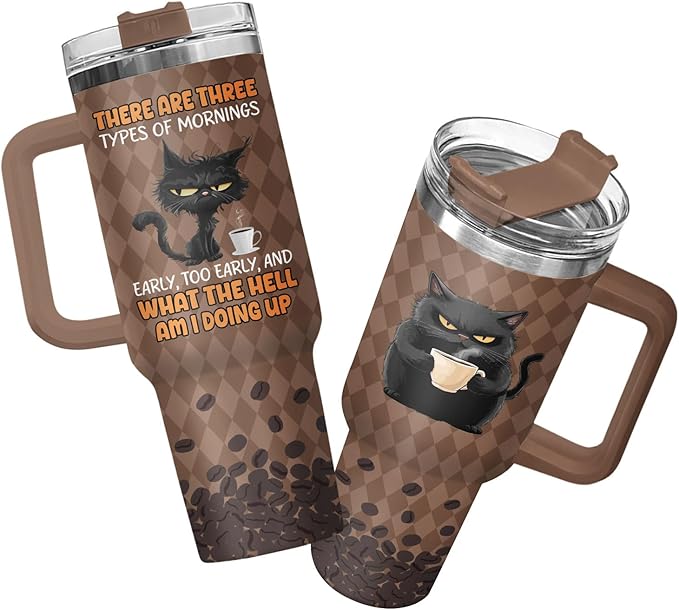34HD Black Cat Tumbler with Handle & Straw, 40oz Vacuum Insulated Coffee Travel Mug, Black Cat Gifts for Men Women Birthday Halloween Christmas, Funny Gifts for Night Owls Coffee Lovers