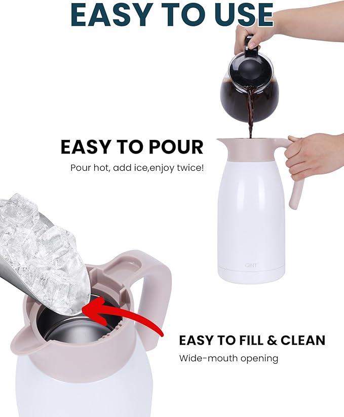 GiNT 1.9L / 64Oz Thermal Coffee Carafe, Insulated Stainless Steel Coffee Carafes for Keeping Hot/Double Walled Vacuum Thermal Carafe (White)