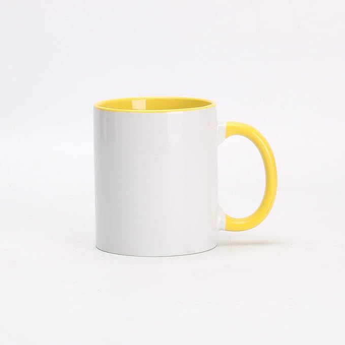 11oz White Ceramic Sublimation Coffee Mug With Solid Colors Inside and Handle, Mixed 6 Colors of Black, Red, Blue, Yellow, Green and Pink, Case of 36