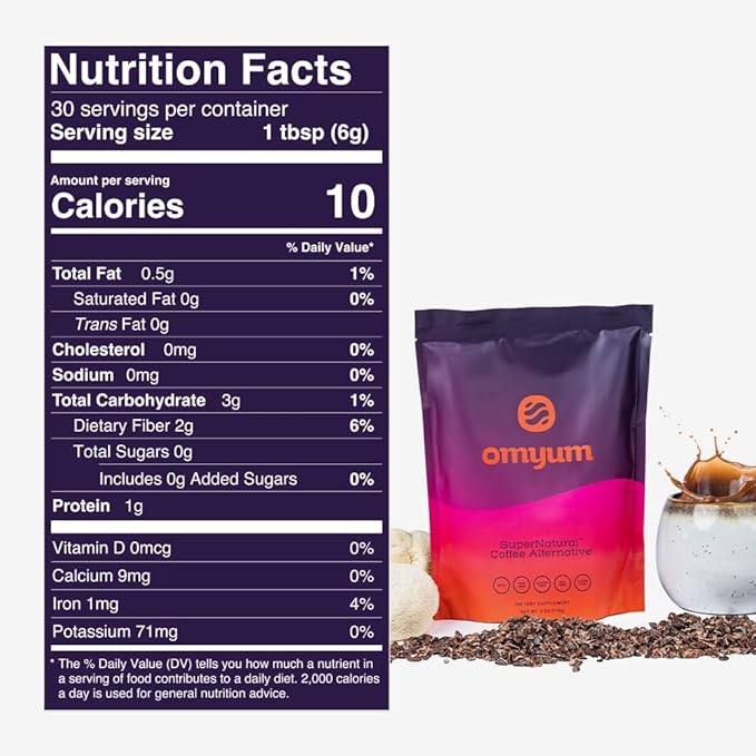 OMYUM SuperNatural Coffee Alternative (30 Servings) - Organic Superfood Adaptogen Mushroom Blend with Cacao, Lion’s Mane, Reishi, Cordyceps, Ashwagandha & L-Theanine - Calm Energy, Focus & Gut Health