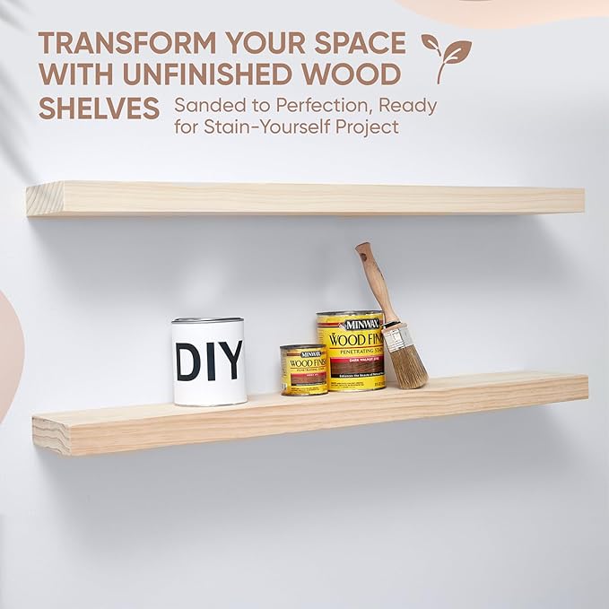 Homeforia 36 inch Wood Floating Shelves, High End Solid Natural Wood 36inch Large Floating Shelf Bathroom, Unfinished Wooden Floating Shelves for Wall, Heavy Duty Bracket, 36 X 6.5 X 1.75 in, Set of 2
