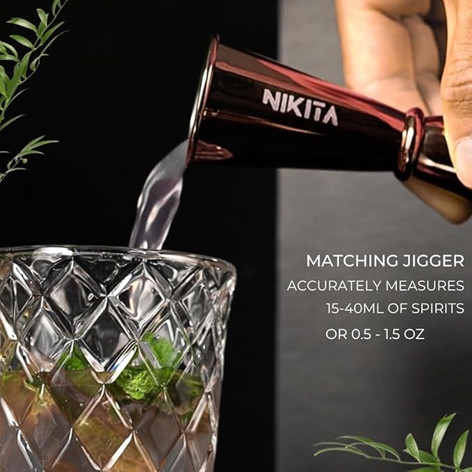 Glass Cocktail Shaker Set - 5 Piece - Rose Gold Martini Shaker Set with Strainer, Jigger, Spoon & Muddler - 16 oz Drink Shakers Cocktail - Ideal Gift for Home Bar & Drink Trolley Décor