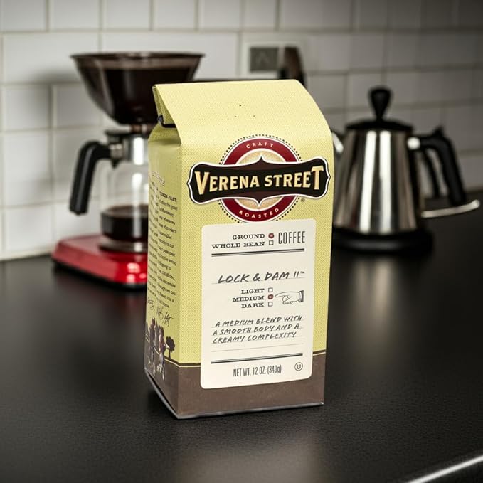 Verena Street 12 Ounce Ground Coffee, Light Medium Roast, Lock & Dam 11, Rainforest Alliance Certified Arabica Coffee