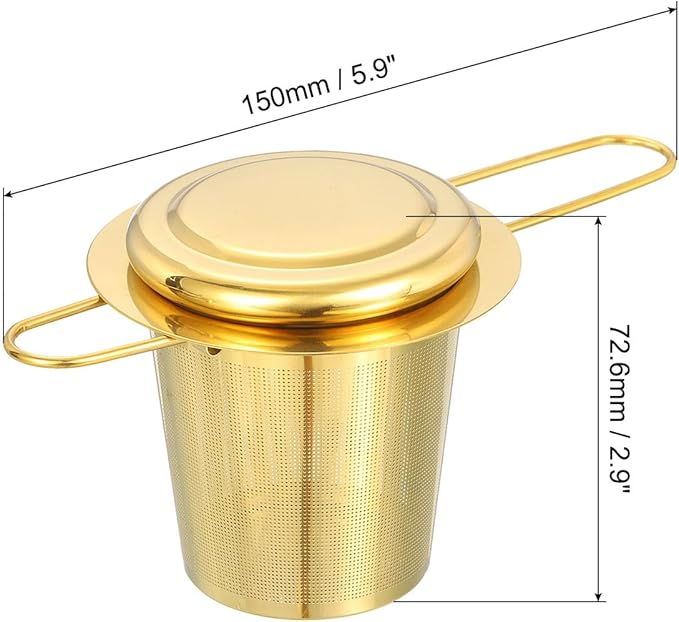 uxcell 2 Pcs Tea Infuser Filter, Fine Mesh Loose Tea Steeper, Stainless Steel Tea Strainer with Foldable Handle for Brew Loose Leaf Tea, Gold