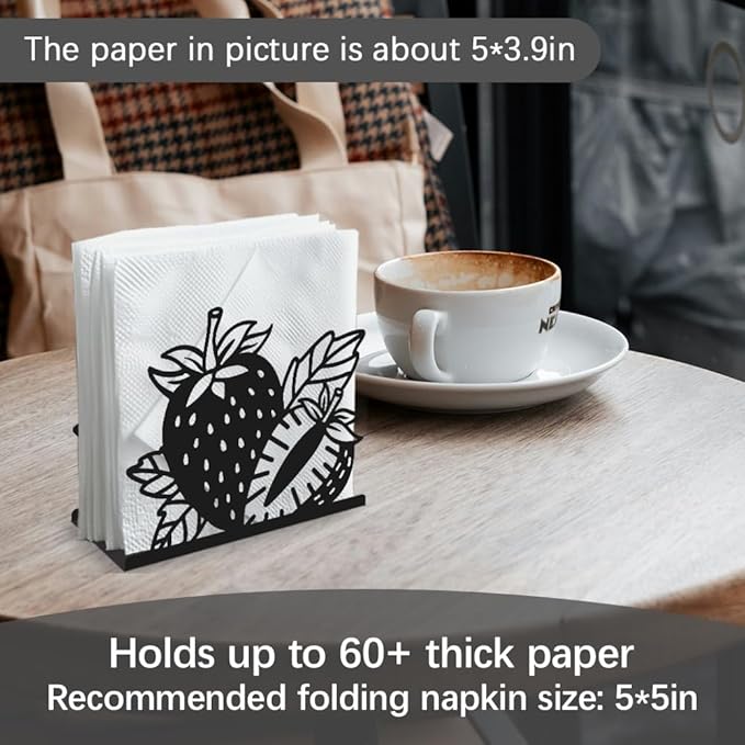 Strawberry Decorative Black Metal Napkin Holder for Table, 5.3" x 4.4" x 1.9" Strawberry Fruit Standing Napkin Holder for Home Kitchen Restaurant Picnic Party Coffee Bar Dining Room