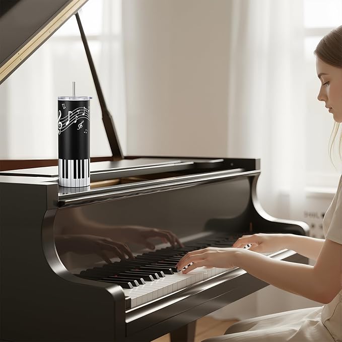 Umigy 2 Pieces Piano Gift Tumbler with Lid Straw and Brush, 20 oz Musical Notes Travel Mug Stainless Steel Coffee Mug for Christmas Music Lovers Singers Teacher Birthday Gifts