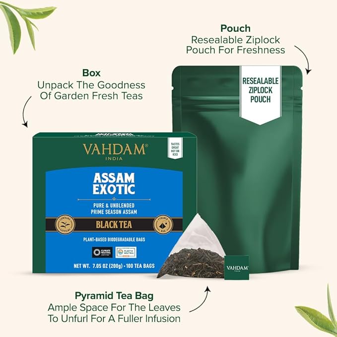 VAHDAM, Assam Exotic Black Tea Bags (100 Count) High Caffeine, Gluten Free, Full Bodied | Pyramid Tea Bags | Strong, Robust & Flavoury | Direct from Source