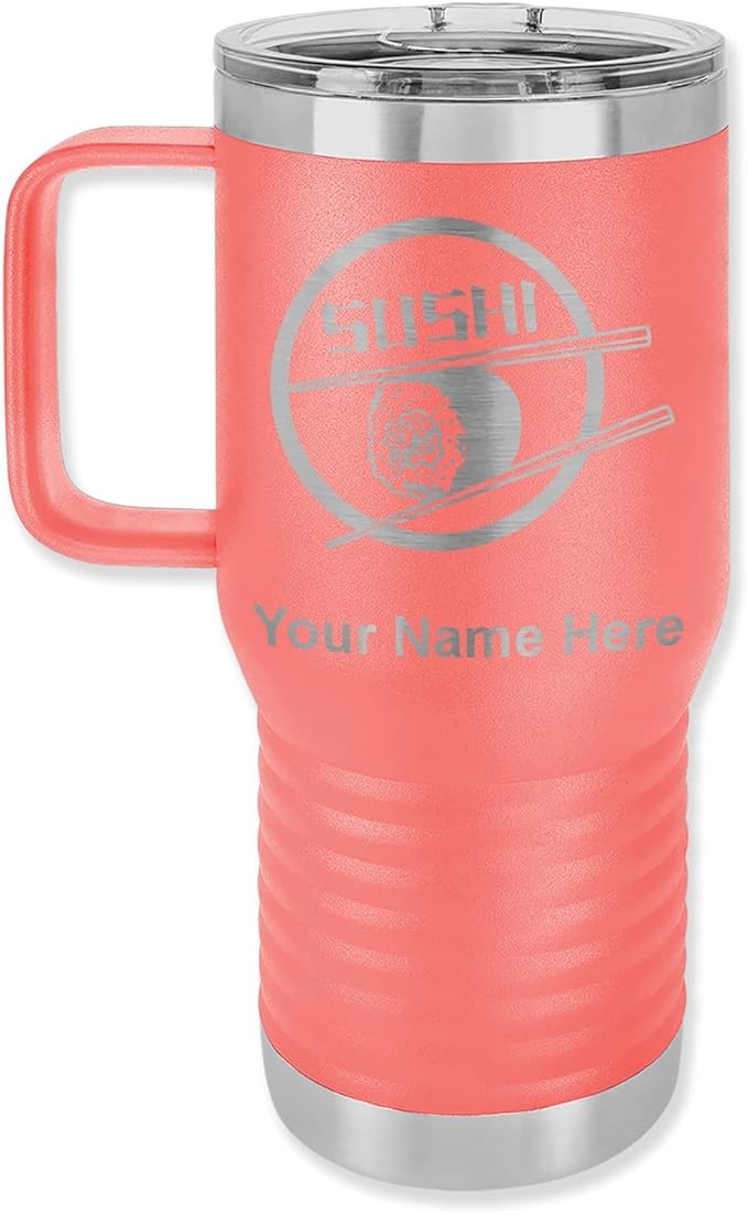LaserGram 20oz Vacuum Insulated Travel Mug with Handle, Sushi, Personalized Engraving Included (Coral)