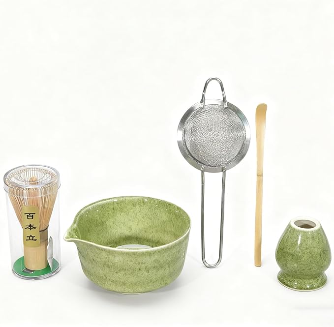 5Pcs Japanese Matcha Tea Set - Ceramic Bowl with Spout & Holder, Bamboo Whisk (Chasen), Scoop, Sifter - Complete Traditional Tea Ceremony Kit for Beginners, Gift for Tea Lovers(Green)