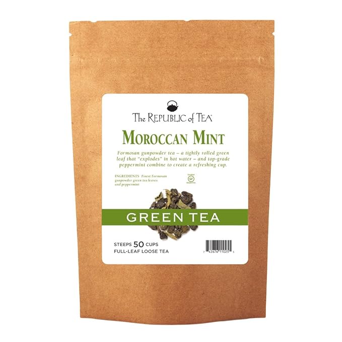 The Republic of Tea Moroccan Mint Green Full-Leaf Loose Tea 3.5 Oz Bag, Steeps 50 Cups | Caffeinated