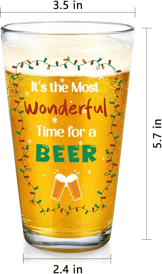 Futtumy It's the Most Wonderful Time for a Beer Glass, 17 OZ Beer Pint Glass, Funny Gifts for Men Beers Lovers Dad Father, Christmas Gifts for Men Women, Christmas Beers Glass for Xmas Party Birthday