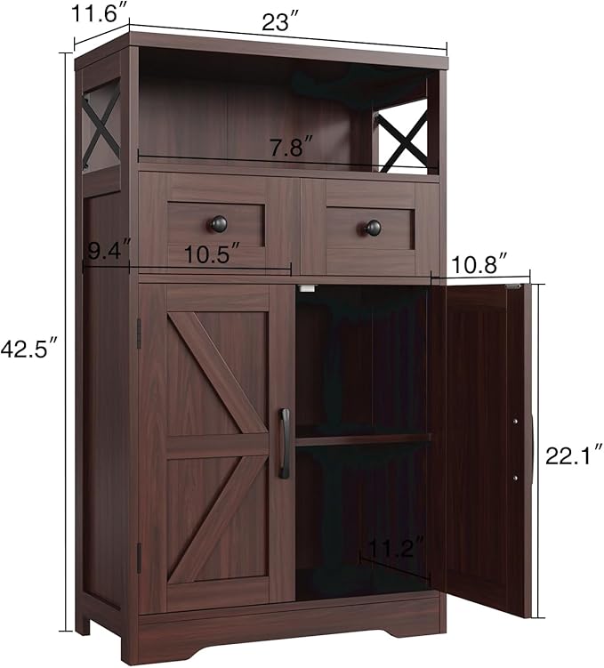 Dark Brown Storage Cabinet with Doors and Shelves - Farmhouse Kitchen Pantry Cabinet with Storage, Coffee Bar Station, Hutch Cupboard for Kitchen, Living Room, Home Office, Dining Room