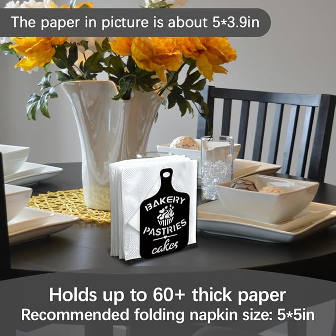 Cutting Board Decorative Black Metal Napkin Holder for Table, 5.3" x 3.4" x 1.9" Bakery Cakes Standing Napkin Holder for Home Kitchen Restaurant Picnic Party Coffee Bar Dining Room