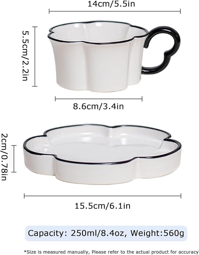 Ceramic Coffee Mug with Saucer Set, Creative Cute Cup with Flower Coaster for Office and Home, 8.4 oz/240 ml for Tea Latte Milk-White