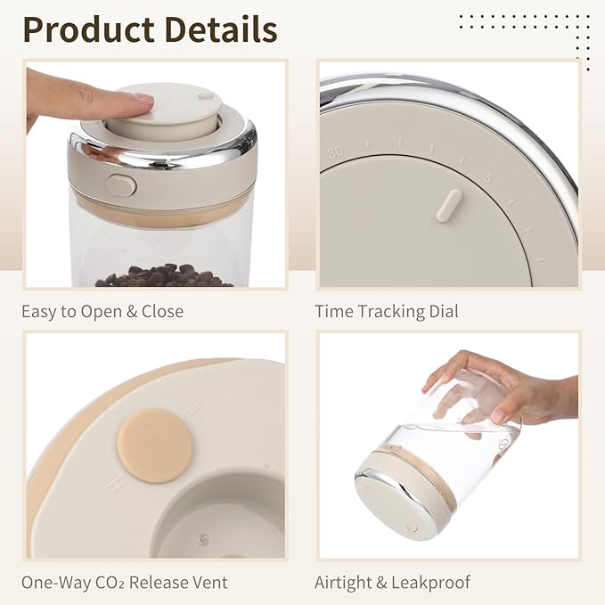 Glass Coffee Canister 1100ml, Airtight Coffee Bean Storage Jar with One-Way CO₂ Vent, Date Tracking Dial & One-Press Seal Lid, High Borosilicate Glass Coffee Container for Tea Sugar
