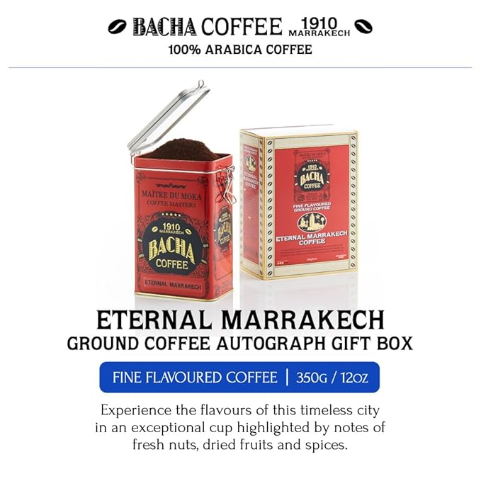 Bacha Coffee | Eternal Marrakech Fine Flavoured Coffee, Autograph Collection, 100% Arabica Specialty Coffee, Ground Beans, Medium Roast, 350g & 100% Natural Unbleached Wood Fibre Paper Filters, Large