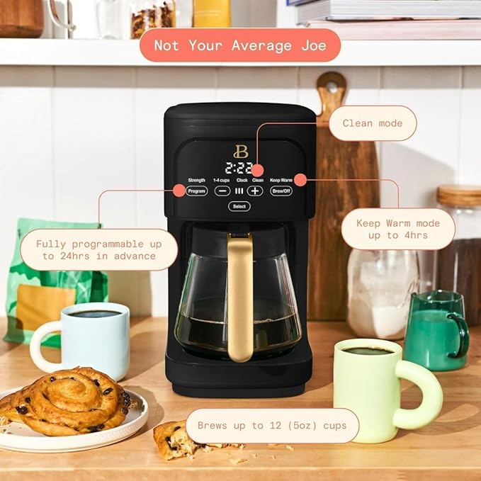 Beautiful 12-Cup Programmable Coffee Maker by Drew Barrymore, Touch-Activated Display, Auto Brew 24hr Timer, Regular/Gourmet/Bold Strength Options, Auto Clean & Keep Warm – Matte Finish (Black Sesame)