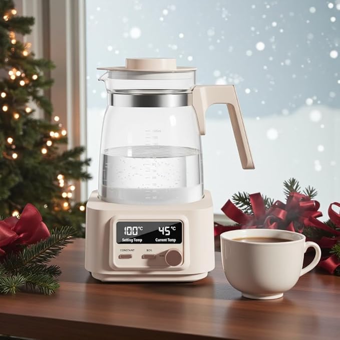 Babysmooth Smart Kettle Pro Electric Glass Kettle, 1.3L Capacity, Digital LED Display, Temperature Control 40-100°C, Auto Keep Warm Function, Silent Operation, Beige, for Tea and Coffee Brewing