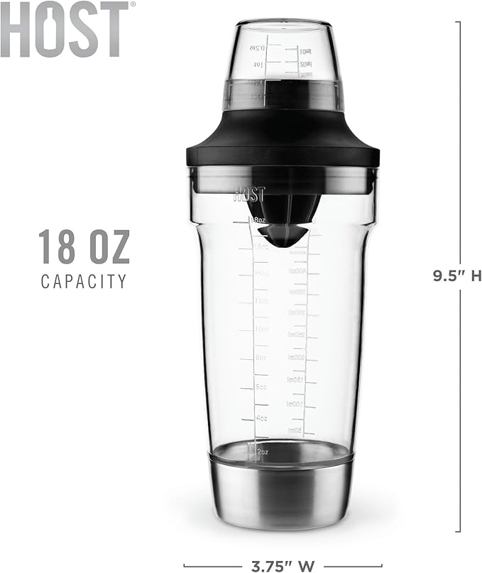 Host All in One Cocktail Shaker Set with Measurements, Reamer, Bottle Opener, Strainer and Jigger for Cold Brew Cocktails, Home Bar, Bartending, Camping, Picnic, Outdoor Party, On the Go, 18 oz