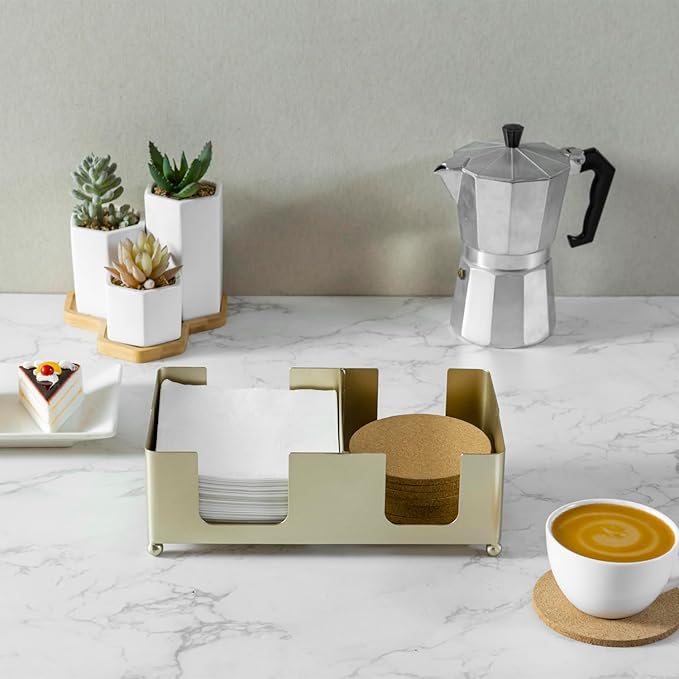 MyGift Disposable Napkin and Drink Coaster Holder, Modern Brass Tone Metal Bar Countertop or Coffee Table Guest Tray Fits Round/Square Coasters & 5'' Napkins