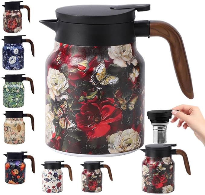 Vintage Floral Pattern Tea Pots – Built-in Infuser,Vintage Floral Teapot with Built In Infuser Stainless Steel Thermal Carafe with Lid for Hot Drinks,Brown(Wooden handle,35oz)