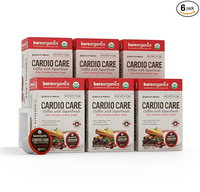 Cardio Care Organic Coffee Pods – Probiotic Coffee with Cacao, Ginger, Turmeric & Cinnamon – Healthy Superfood, Mold Free, Vegan, Gluten Free, everyday dose coffee - 10 Recyclable Single Serve K-Cups - 6 Pack