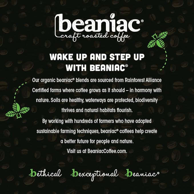 beaniac Organic Bean Me Up Coffeehouse Blend, Medium Roast, Single Serve Compostable K Cup Coffee Pods, Organic Arabica Coffee, Keurig Brewer Compatible, 72 Count