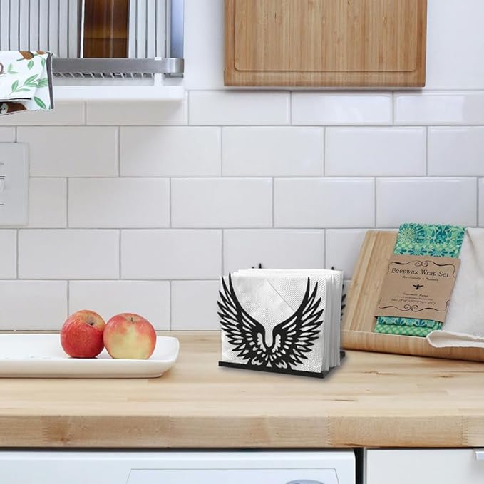 Feathered Wings Decorative Black Metal Napkin Holder for Table, 4.9" x 4.3" x 1.9" Bird Wings Standing Napkin Holder for Home Kitchen Restaurant Picnic Party Coffee Bar Dining Room