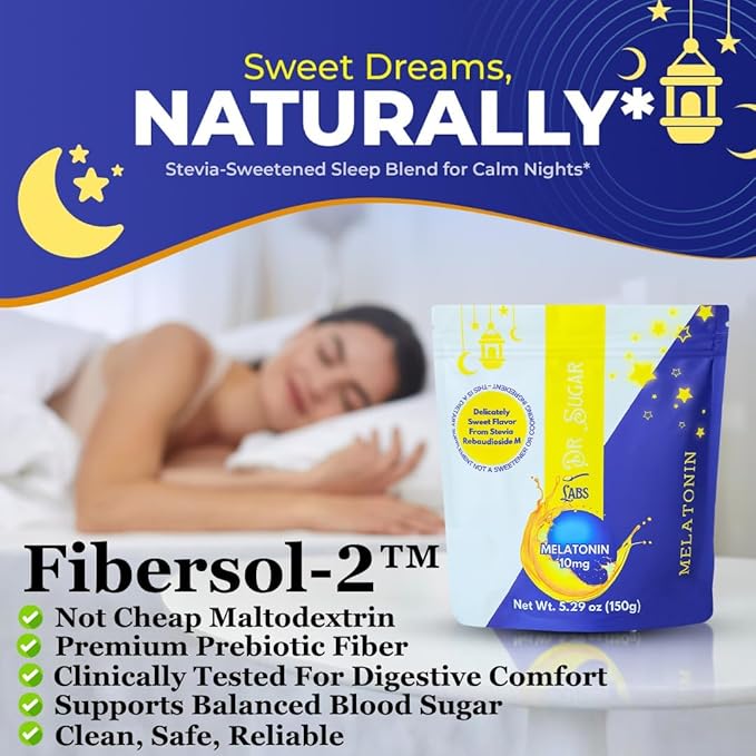Dr Sugar Labs Sleep Aid Sweet Melatonin Blend – Sugar Replacement for Tea – 10mg Melatonin with L-Theanine, GABA & Fiber – Zero Sugar, Stevia-Sweetened – Made in USA, Third Party Tested – 30 Servings