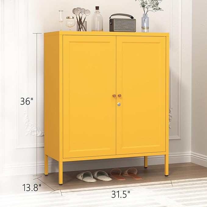 Metal Storage Locker with Djustable Shelves 36" H Lockable Modern Lockers Home Organization Cabinet 2-Door Durable Metal Cabinet for Bedroom Entrance Yellow Size：36" H X 31.5" W X 13.8" D