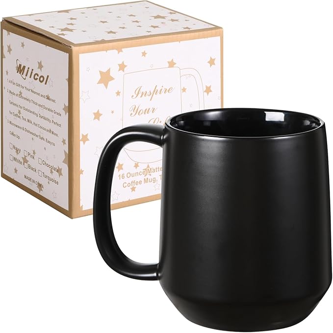 Miicol Ceramic Coffee Mug, 16 oz Large Coffee Cup, Tea Mug with Handle, Flat Bottom Mug for Men, Women, Office, Microwave and Dishwasher Safe, Multi-Color, Black