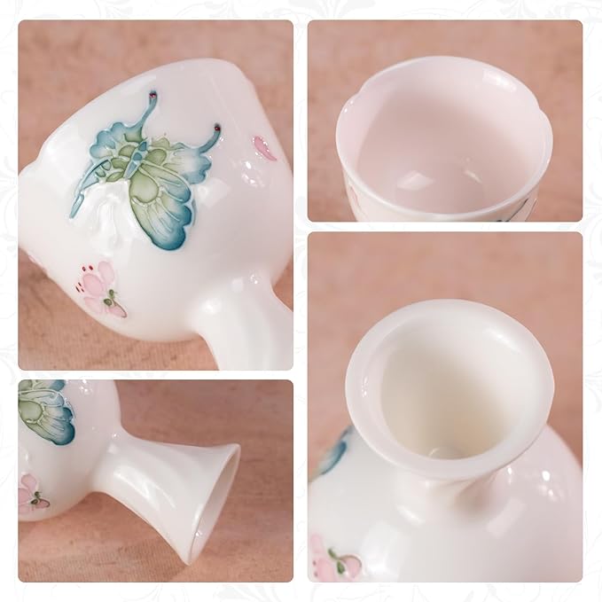 KAMMAK Tea Cup Set of 2 Small Tea Cups 1.4oz White Porcelain Tea Cup Set, Asian Ceramic Teacups for Home, Party, Office, Chinese Kung Fu Tea Set for Hot/Cold Drink (Playing with Butterflies)