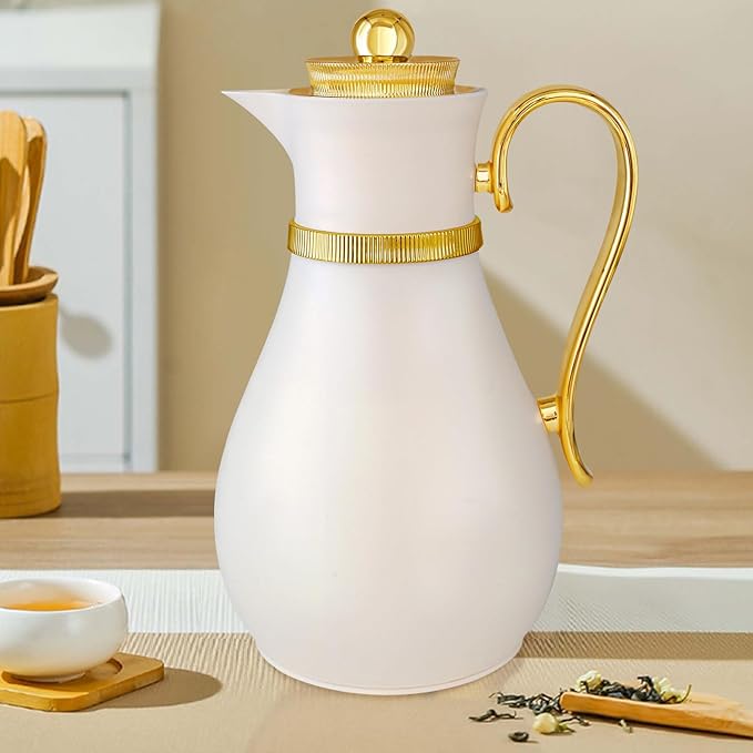 Insulated Thermal Coffee Carafe, 33 oz, Arabic-Style Coffee Pot,Insulated Carafe Flask for Coffee Hot Cold Drink Tea,Housewarming Ornaments (White)