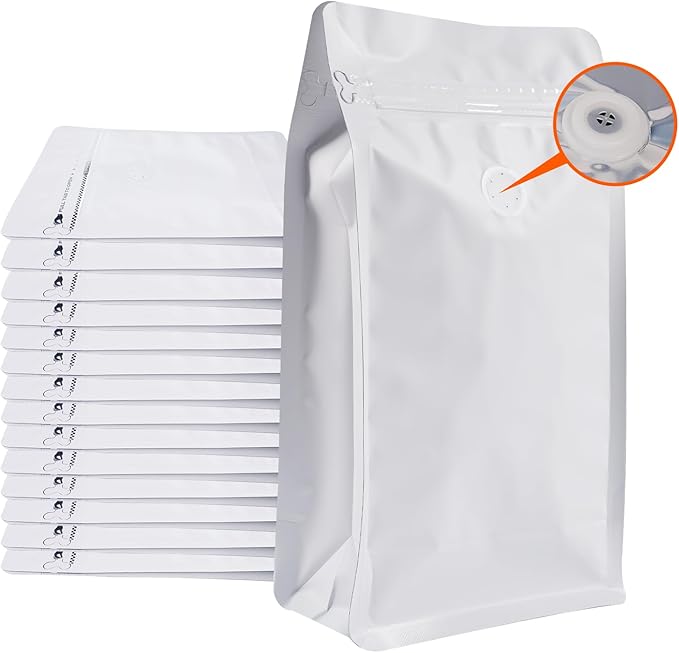 Coffee Bags with Valve (50 PCS,32oz/2lb) White High Barrier Aluminum Foil Flat Bottom Standing Coffee Beans Storage Packaging Bags, Reusable Heat Seal Side Zipper Pouches for Small Business and Home