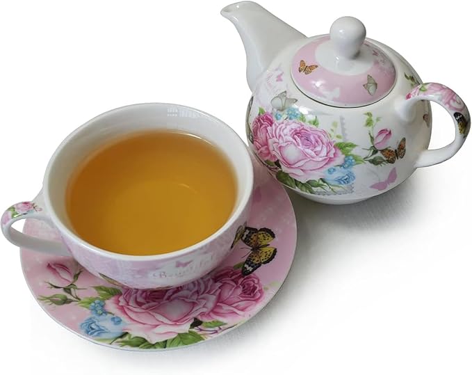 ONEUSTAR Tea for One Set Ceramic Floral Teapot and Cup Saucer Set for Women Afternoon Tea Mother's Day Gift in Reusable Gift Box, Pink Rose Flower
