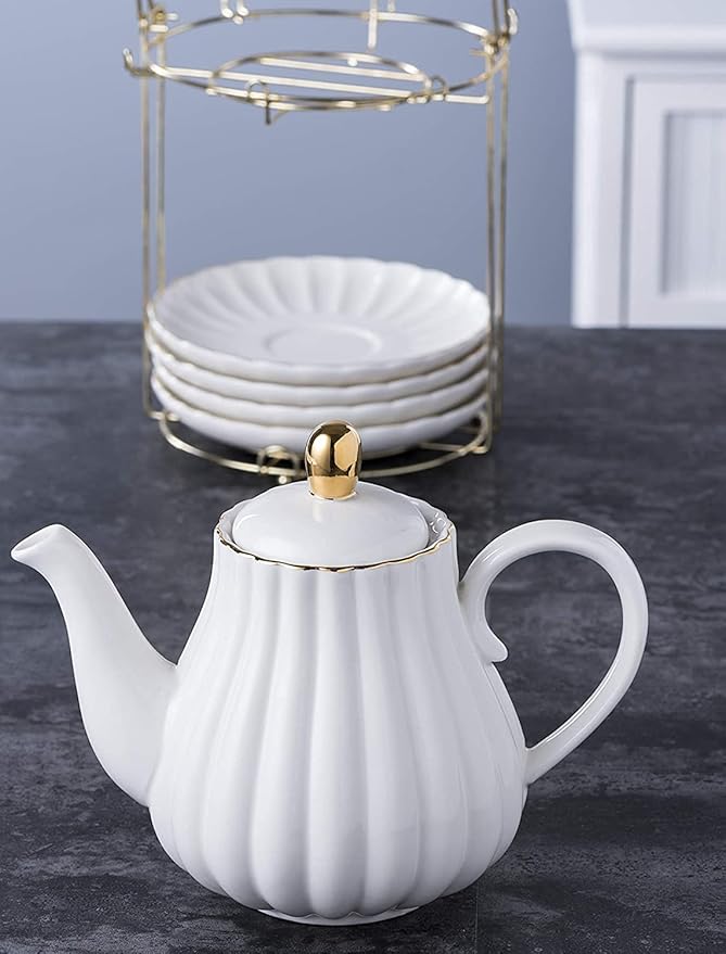 YBK Tech Strengthen Porcelain Teapot, 31oz Coffee Pot Ceramic Teapot- Stripe Design (White)