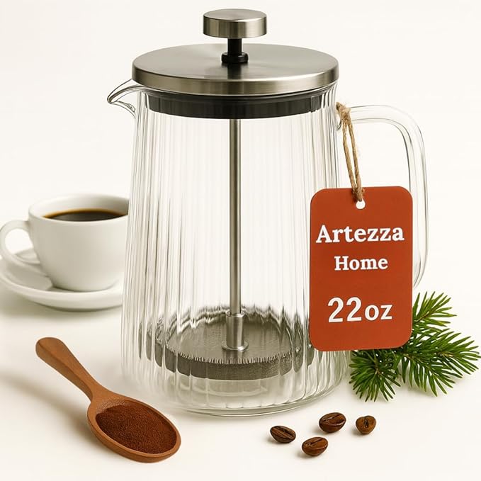 French Press Coffee Maker – 650ml / 22oz – Ribbed Glass Design – Borosilicate Glass with Stainless Steel Filter –Serves Small 4–5 cups