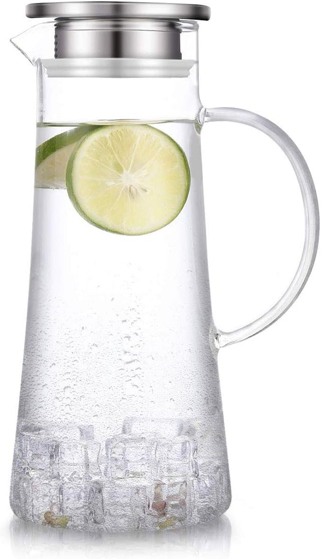 Hwagui - Heat Resistant Glass Pitcher with Stainless Steel Lid, Water Carafe with Handle, Good Beverage Pitcher for Homemade Juice and Iced Tea, 1600ml/53oz