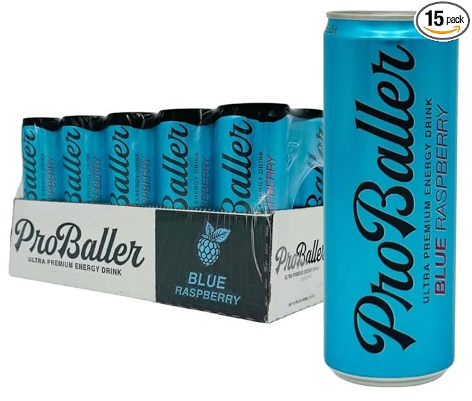 ProBaller Ultra Premium Zero Sugar Energy Drink - Natural & Clean NSF Certified Sport Drink with Amino Acids, Taurine, Biotin, Vitamin B 12 Methylcobalamin, & Electrolytes - 15 Pack - Blue Raspberry
